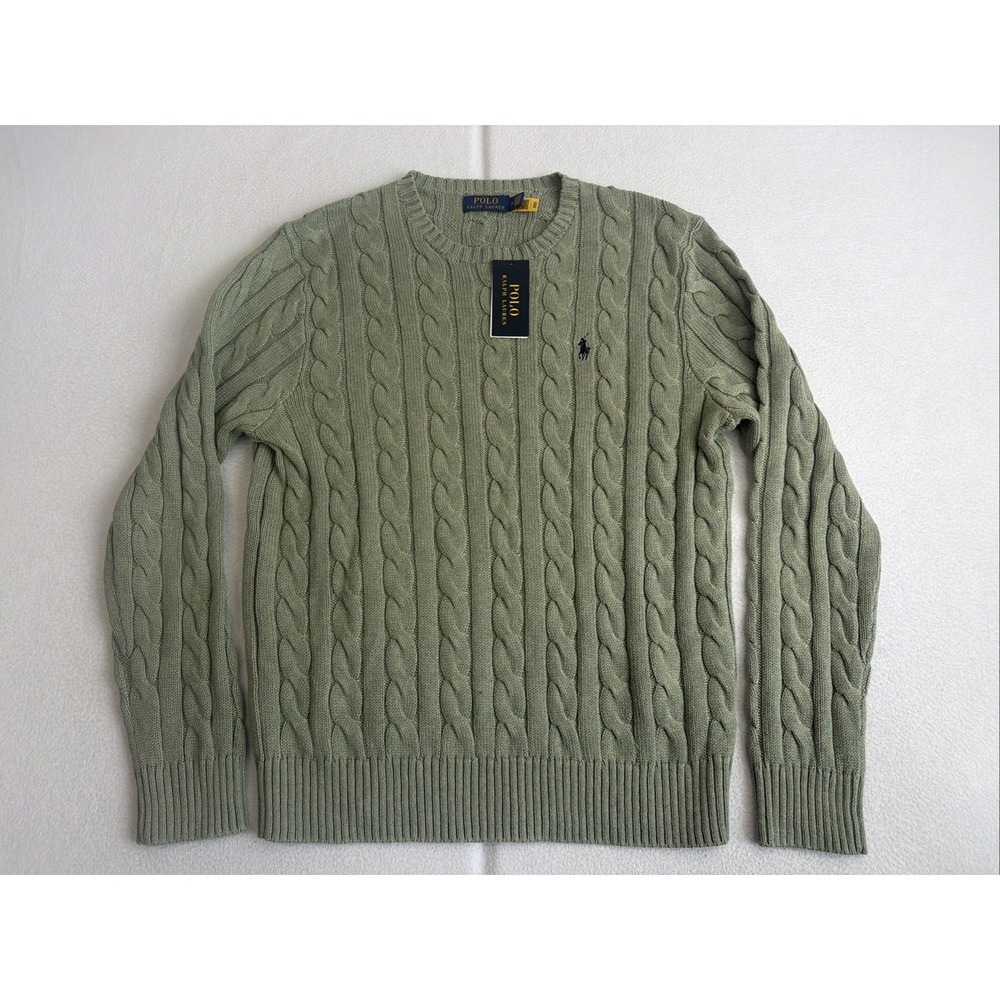 Polo Ralph Lauren Mens Cable-Knit Cotton Sweater Sage Green Medium 710775885528